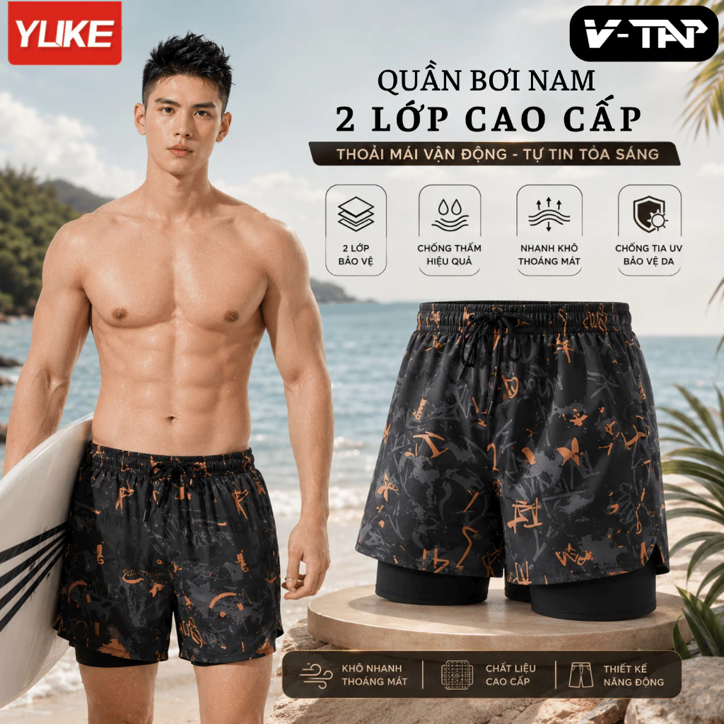 Quần bơi thể thao Nam 2 lớp Chống lộ, Quần bơi dáng suông YUKE - YK7461, Nhập khẩu chính hãng