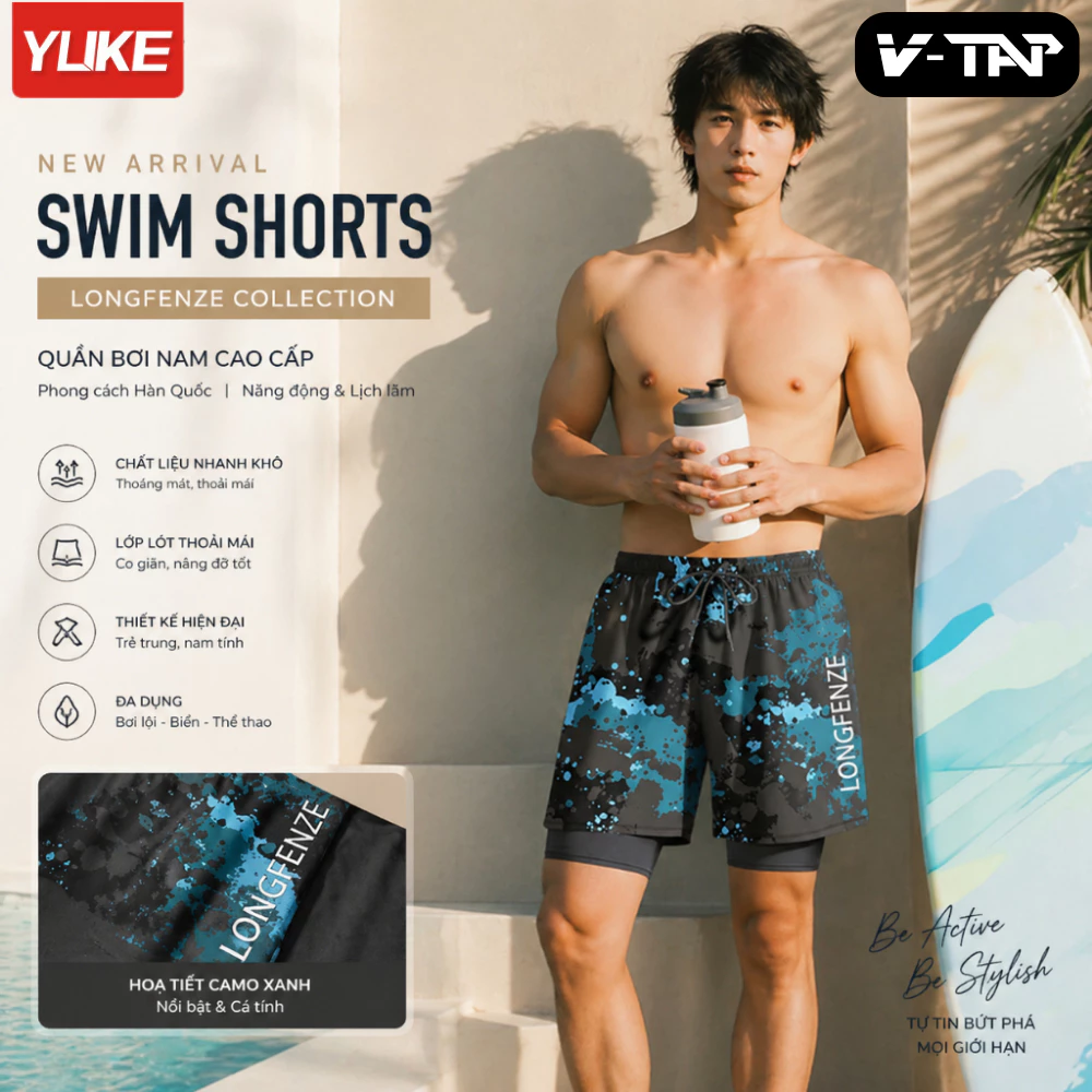 Quần bơi thể thao Nam 2 lớp Chống lộ, Quần bơi dáng suông YUKE - YK999, Nhập khẩu chính hãng