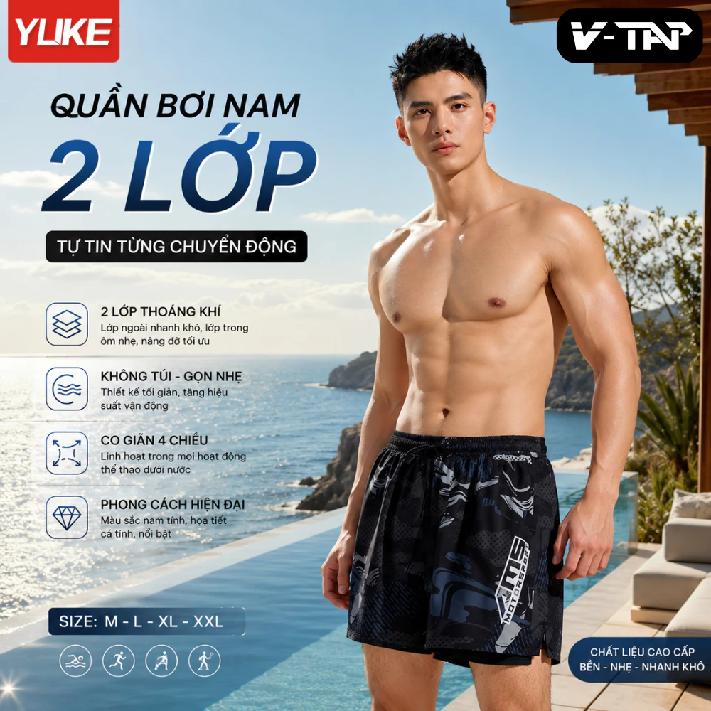 Quần bơi thể thao nam 2 lớp, Quần dáng suông, chống lộ YUKE - YK7325, Nhập khẩu chính hãng