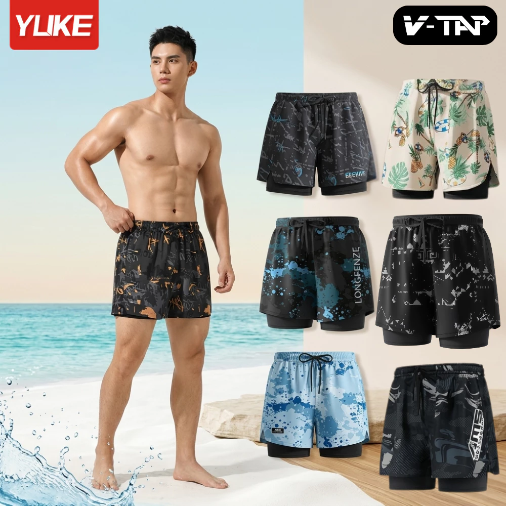 Quần bơi Nam 2 lớp, Quần tập thể thao 2 lớp chống lộ, Quần đùi dáng suông YUKE, Nhập khẩu chính hãng