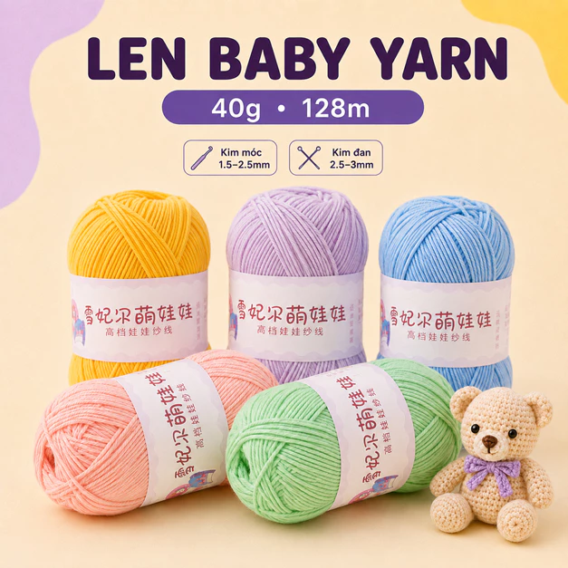 Len Baby Yarn LYLYCRAFT Chính Hãng Hàng Loại 1, Sợi 1mm Nặng 50g Dùng Móc Thú Bông, Móc Khóa Len- BẢNG MÀU 2