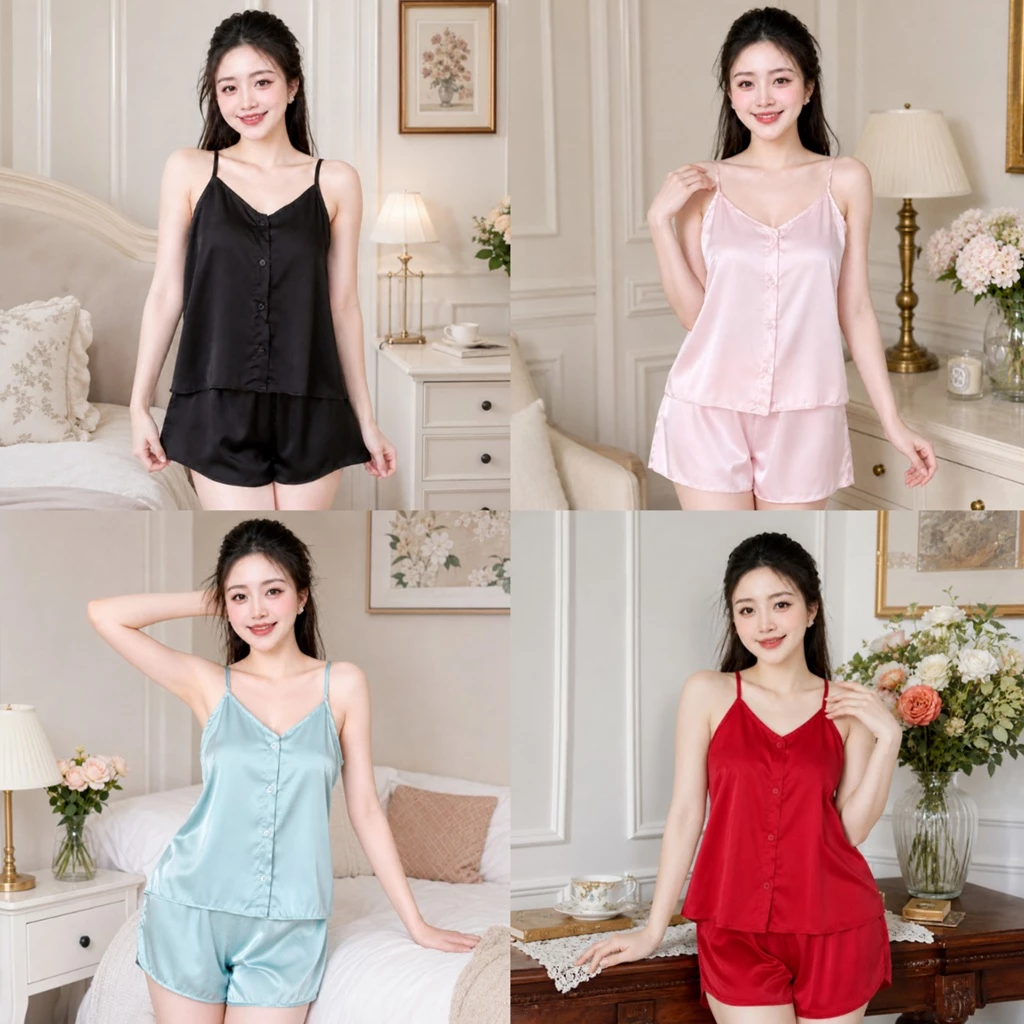 Đồ Bộ Mặc Nhà Hai Dây Cài Cúc, Quần Đùi Lụa Satin cao cấp B51