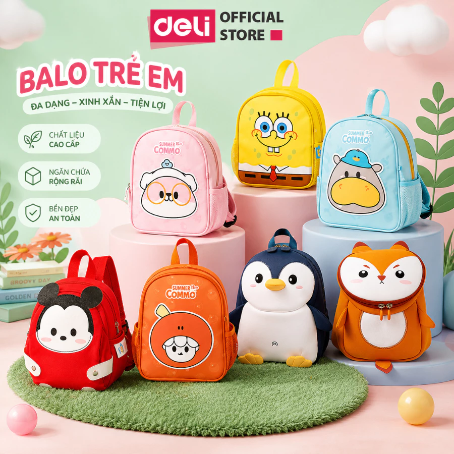[MUA 3 GIẢM 30%] Balo Cặp Sách Mầm Non Deli - Cặp Đi Học Trẻ Em Siêu Nhẹ, Êm Ái, Chống nước, Nhiều Ngăn, Sức chứa lớn