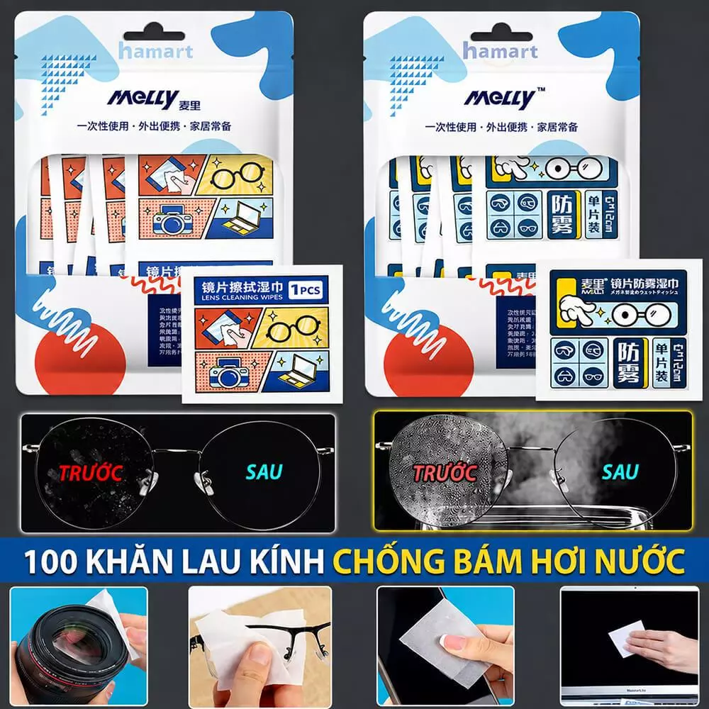 100 Miếng Giấy Lau Kính Cận Dùng 1 Lần Melly Khăn Lau Kính Mắt Khử Khuẩn Đa Năng Chống Hơi Nước