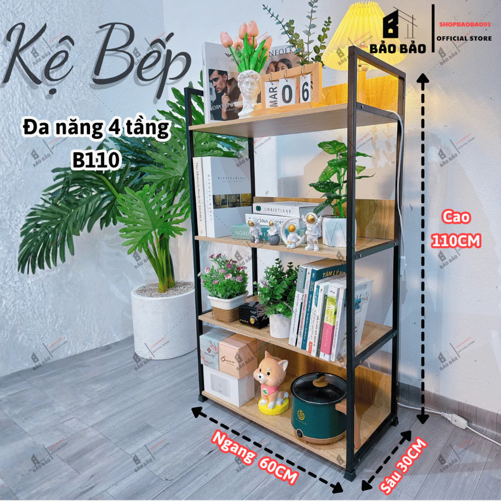 Kệ bếp 4 tầng lò vi sóng Kệ gỗ bếp có ngăn tủ đa năng 110x60x30cm chất liệu gỗ MDF- B110
