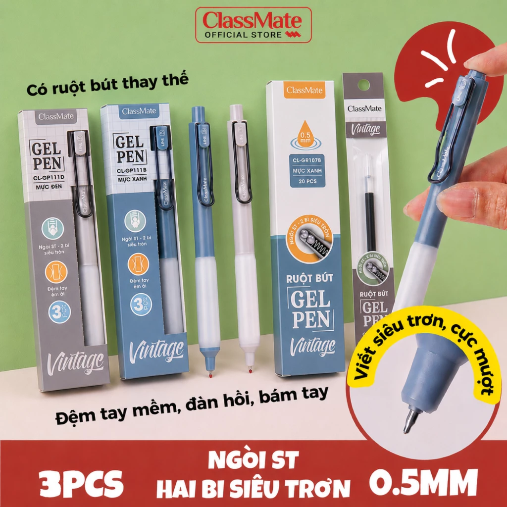 Combo Bút Gel Bấm Classmate Ngòi ST Cải Tiến Siêu Trơn Có Ngòi Thay Thế, Bút Không Tắc Mực, Đệm Tay Mềm Ngòi 0.5mm GP111