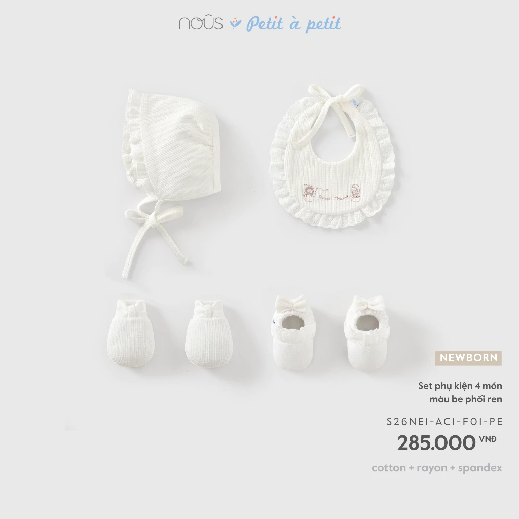 Phụ Kiện Nous Baby Set phụ kiện 4 món phối ren mềm xinh cho bé gái dưới 5.5kg BST T8
