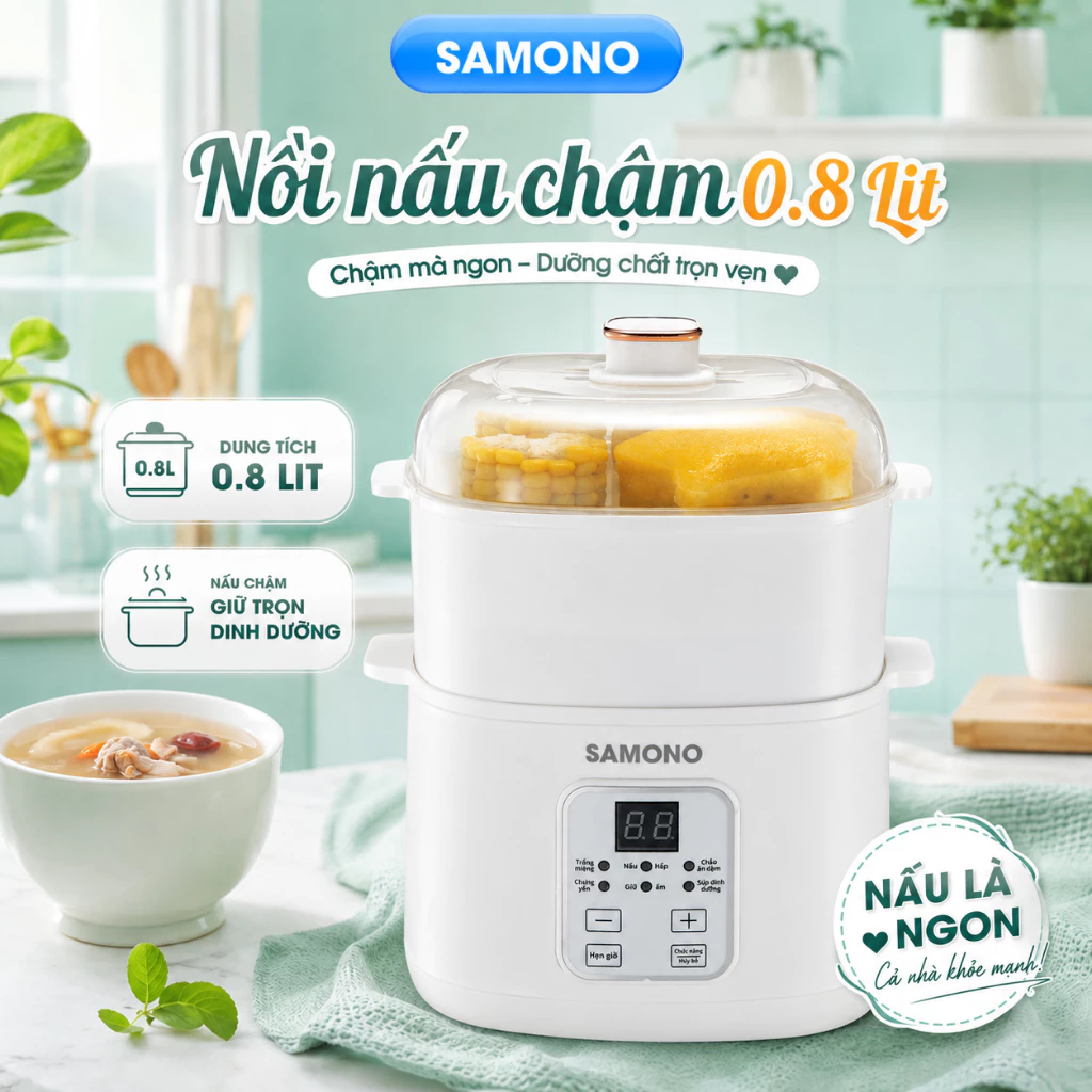 Nồi nấu chậm đa năng SAMONO SW-SC08B dung tích 0.8L phiên bản tiếng Việt - Hàng chính hãng BH 1 năm