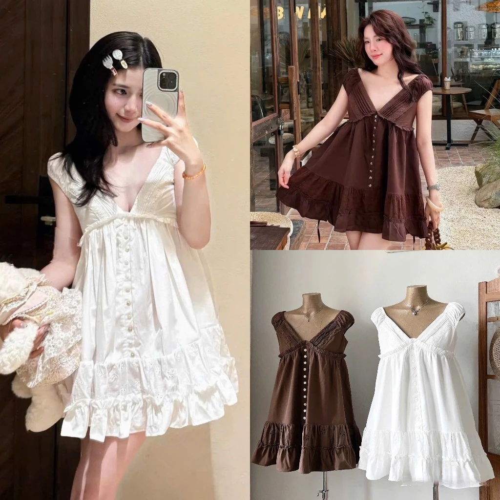 (Hàng Shop): Váy Babydoll Cổ V Phối Ren Dây Buộc Hàng Cúc Dọc Hở Lưng Chân Bèo 2 Tầng Đứng From Siêu Xinh 2 Màu-Ảnh Thật