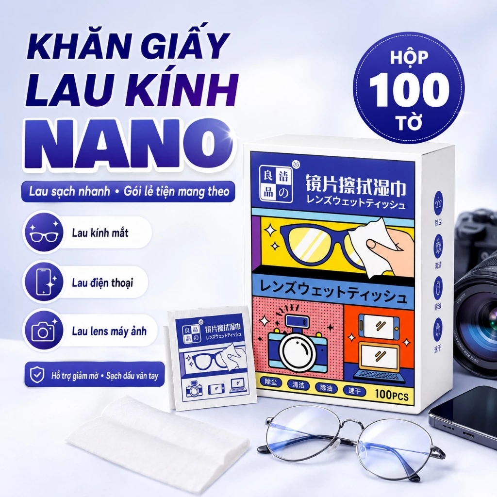 Hộp 100 Miếng Khăn Lau Nano Loại 1 Dùng 1 Lần, Chống Bám Hơi Nước & Mờ Sương Cho Kính