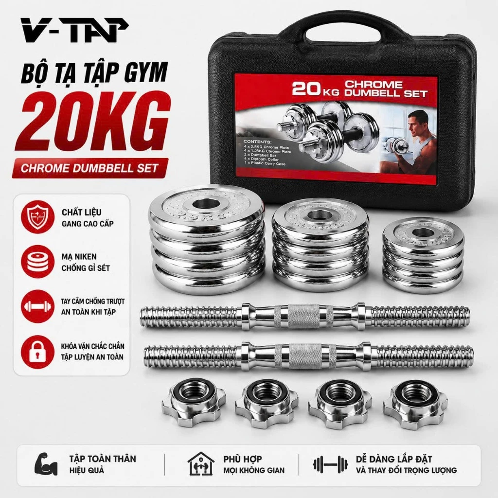 Bộ Tạ Tập Gym Tại Nhà Chất Liệu Gang Mạ Niken, Bộ Tạ 20Kg Điều Chỉnh Đa Năng Tay Cầm Qủa Táo Có Hộp