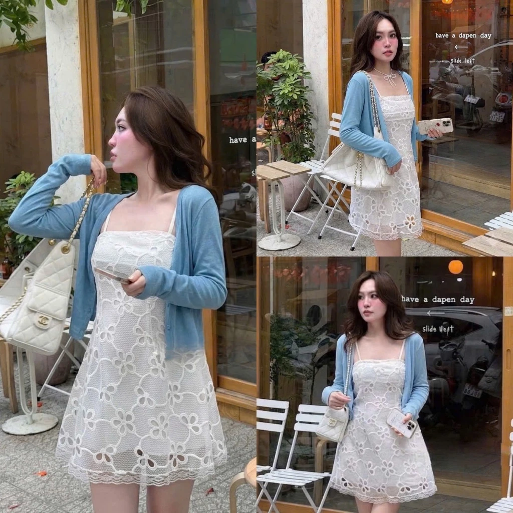 (Set 2 Chi Tiết): Váy 2 Dây Tone Trắng Ren Thêu Full Hoa Mix Kèm Áo Khoác Xanh Biển Mỏng -Ảnh Thật Lollaye