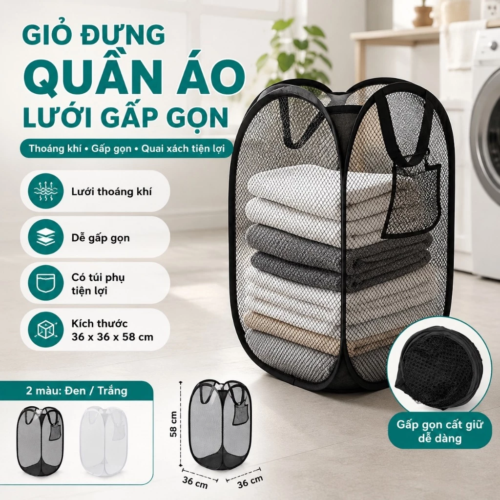 Giỏ Sọt Đựng Quần Áo Cỡ Lớn Có thể Gấp Gọn Chất Liệu Vải Lưới Đựng Quần Áo Bẩn, Thu Gom Quần Áo Cho Gia Đình