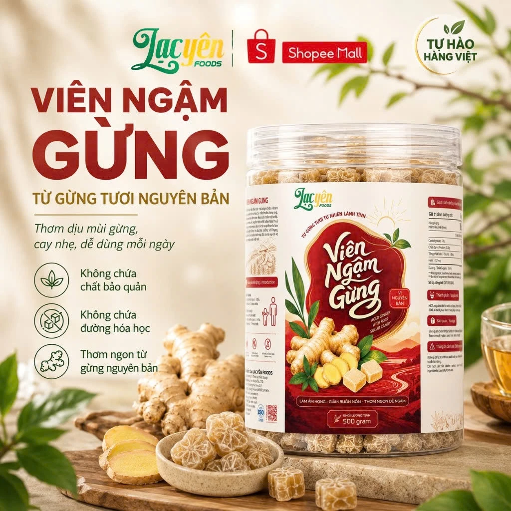 Viên Ngậm Gừng Tươi Nguyên Chất Ít Ngọt Lạc Yên Foods, Vị Gừng Cay Ấm Nồng Thơm Đậm Đặc Trưng