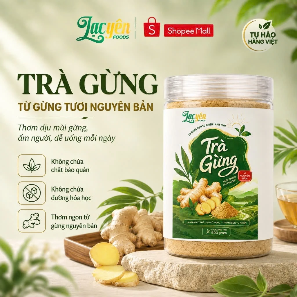 Trà Gừng Đắk Lắk Lạc Yên Foods Ít Ngọt Thơm Ngon, Trà Hòa Tan Tiện Lợi, Giúp Ấm Cơ Thể