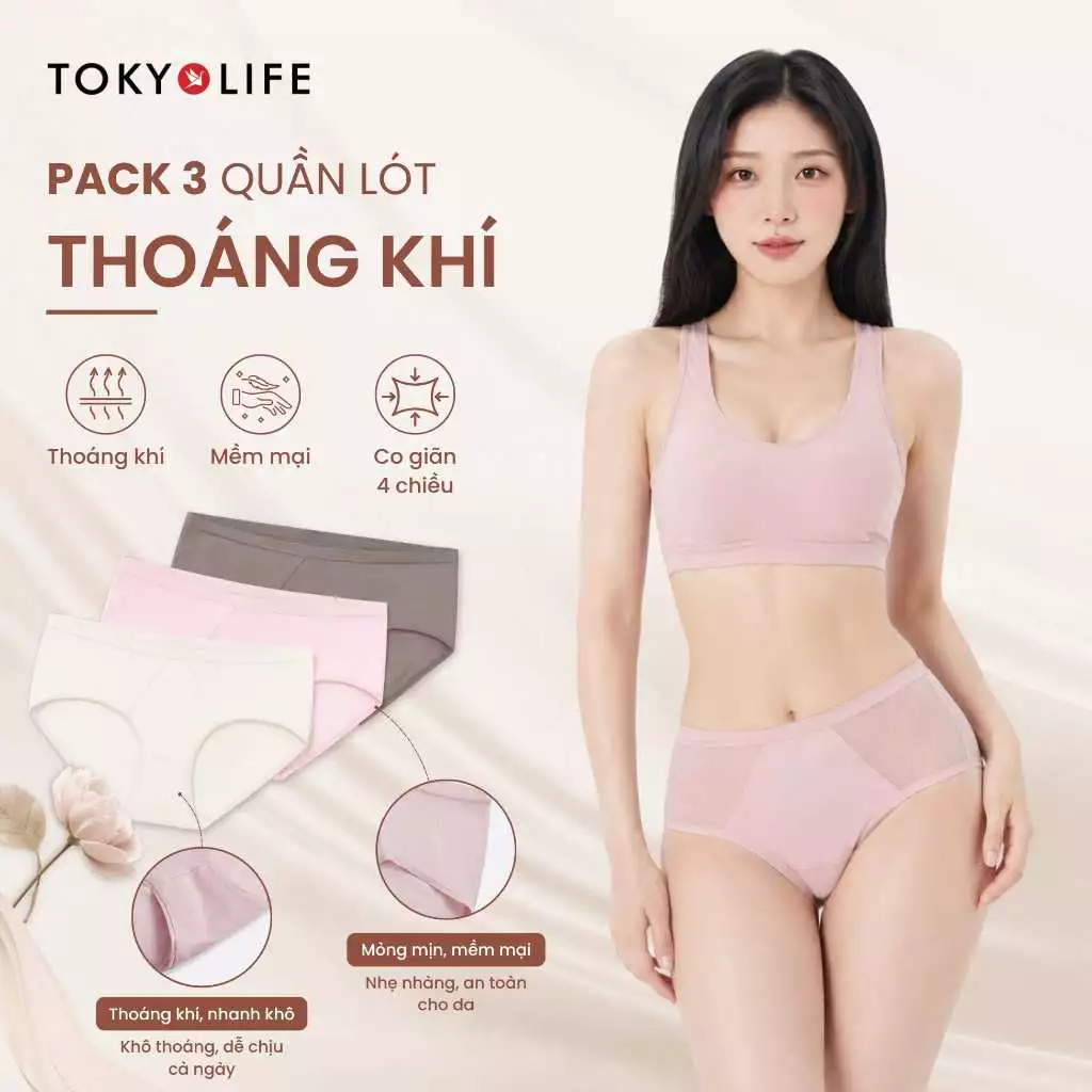 COMBO 3 quần lót cạp cao Nữ TOKYOLIFE ôm gọn định hình phối lưới co giãn đa chiều không lộ viền 40006054