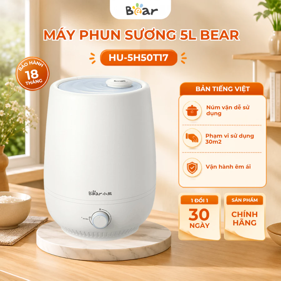 Máy phun sương tạo độ ẩm không khí 5L Bear HU-5H50T17, Tạo ion bạc Khử khuẩn Không ồn, BH 18 tháng