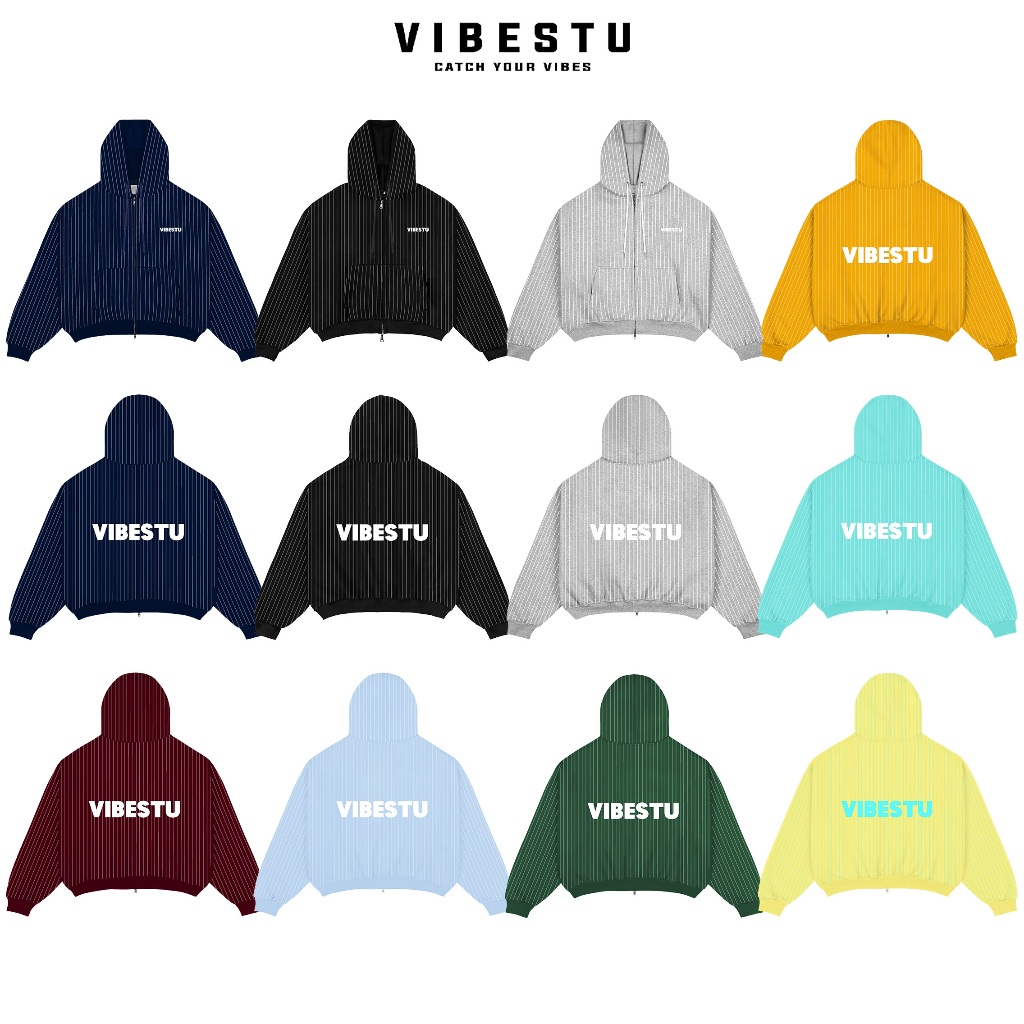 Áo Hoodie Sọc Dọc Nỉ 2 Da VIBESTU " Logo " Boxy Tay Dơi Unisex Nam Nữ