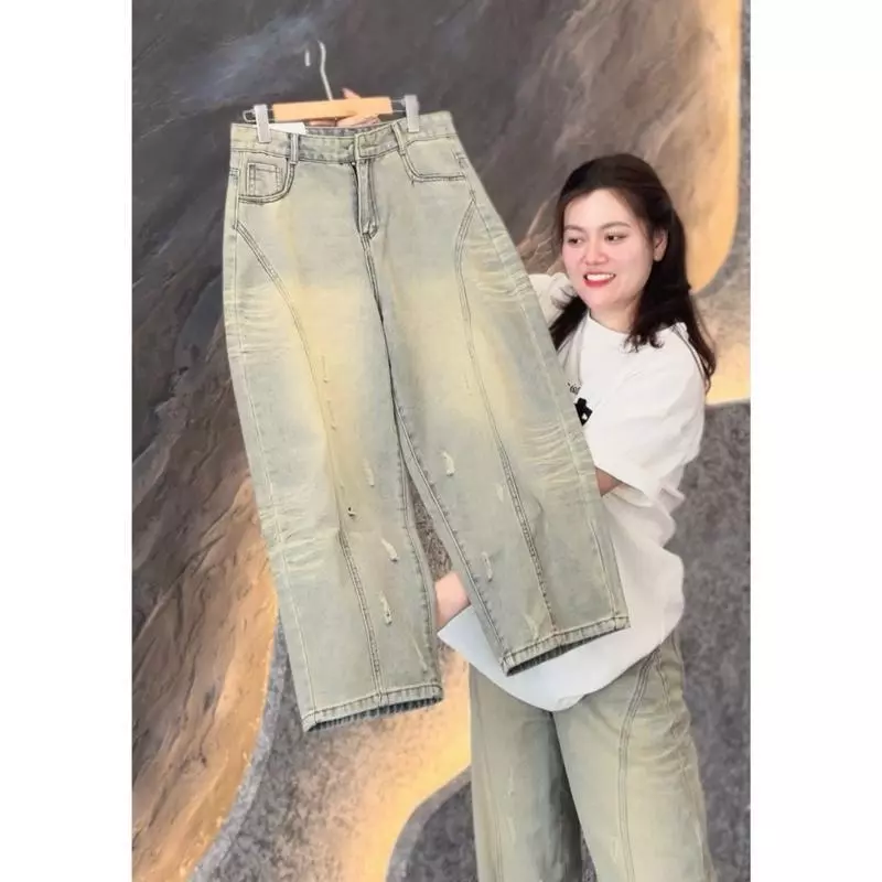 8198 BIGGSIZE Quần baggy jeans nữ cạp cao, quần baggy thụng màu mài phối viền tạo kiểu hai bên