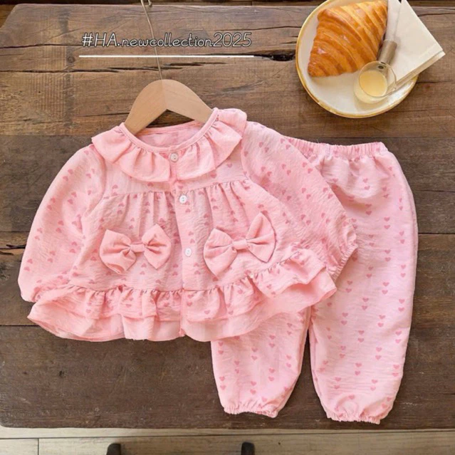 Bộ Pijama cho bé gái size nhí 6-18kg, đồ ngủ cho bé gái đính nơ