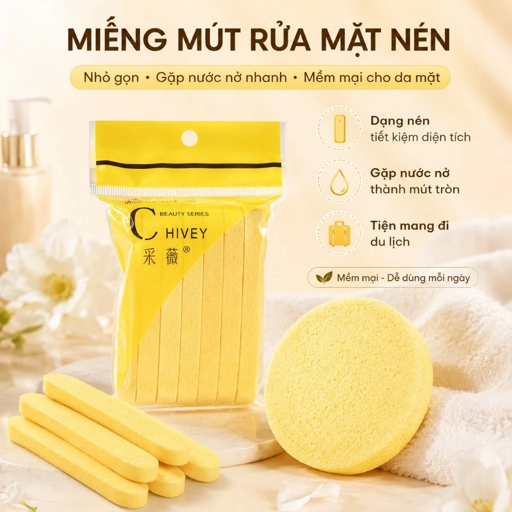 Gói Miếng Mút Rửa Mặt Bọt Biển Dạng Nén Miếng Bông Bọt Biển Dạng Nén Dùng Tẩy Trang Rửa Mặt Bỏ Túi Tiện Lợi Mini