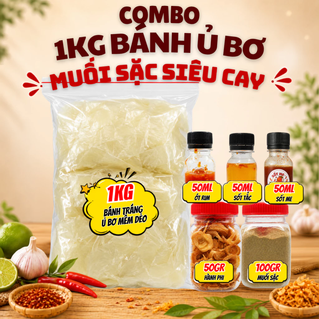 Combo 1kg Bánh Tráng Ủ Bơ Muối Sặc Siêu Cay Kèm Topping (Tặng kèm 3 sốt)