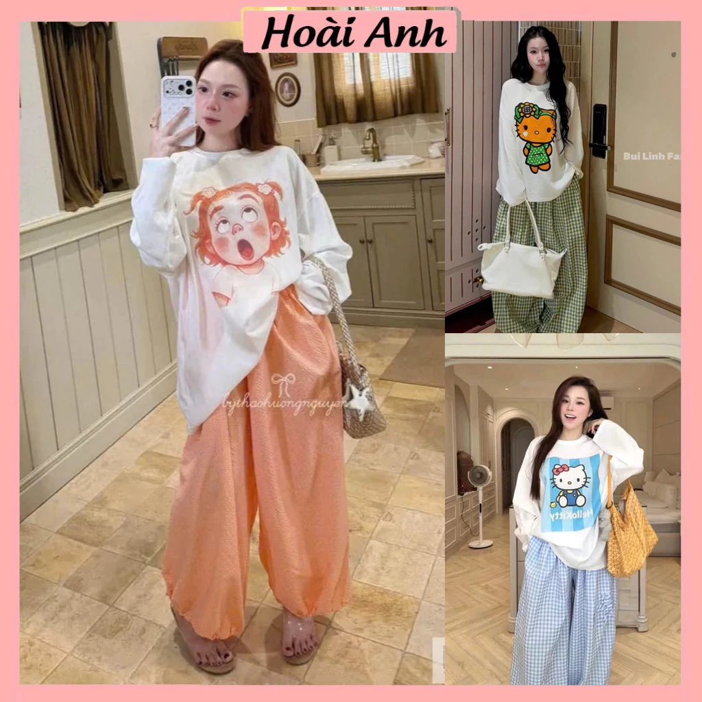 Set Bộ Đồ Nữ Áo Thun Giấy Trắng Mỏng In Hình Dài Tay Mix Quần Sài Kẻ Caro Ống Rộng
