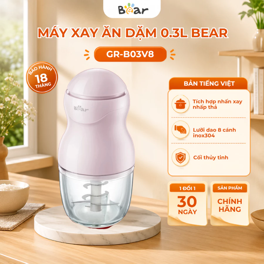 Máy Xay Ăn Dặm Mini Cho Bé 0.3L Bear GR-B03V8, 8 lưỡi dao inox, xay nhuyễn thịt,cá,rau củ, BH 18 Thg