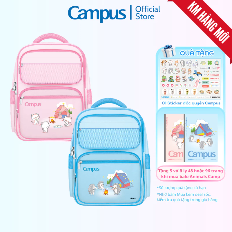 [Tặng Sticker] Balo Cho Bé Tiểu Học ANIMALS CAMP Campus Đệm Vai Đệm Lưng Êm Ái, Nhiều Ngăn Phụ, Chất Lượng Nhật Bản