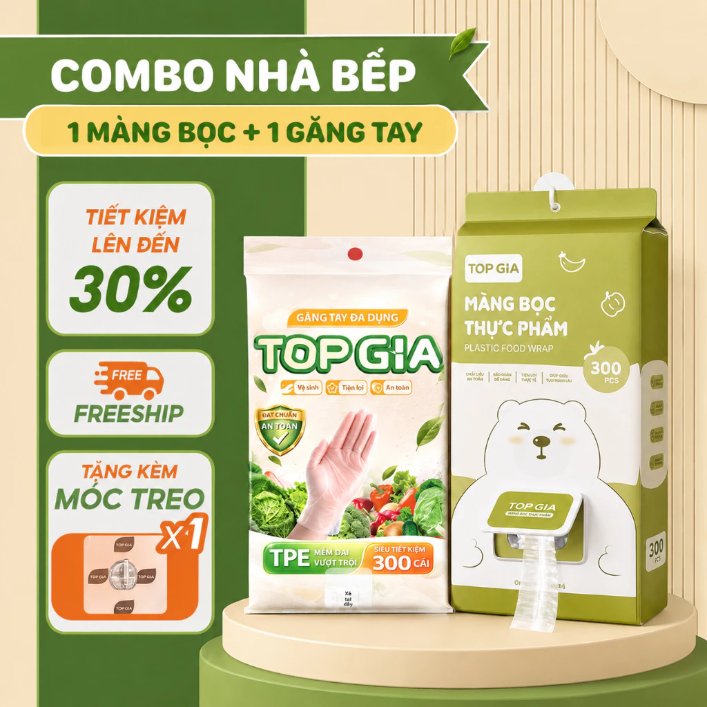 (COMBO NHÀ BẾP) 1 BỊCH GĂNG TAY TPE KÈM 1 BỊCH MÀNG BỌC THỰC PHẨM TOPGIA TREO TƯỜNG DẠNG RÚT TẶNG KÈM MÓC TREO