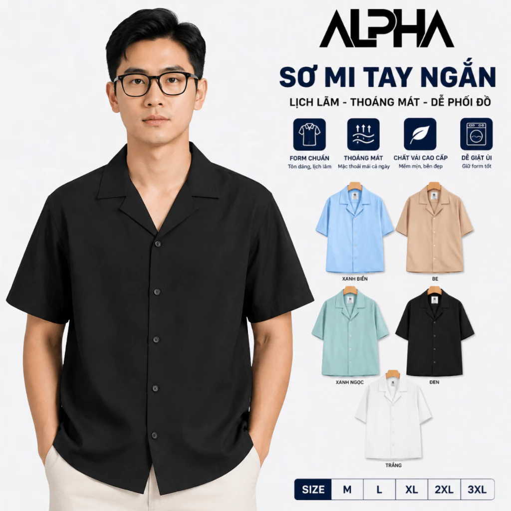 Áo Sơ Mi Nam Ngắn Tay Cổ Vest GENALPHA Cotton Lụa Form Rộng Thoáng Mát GEN054