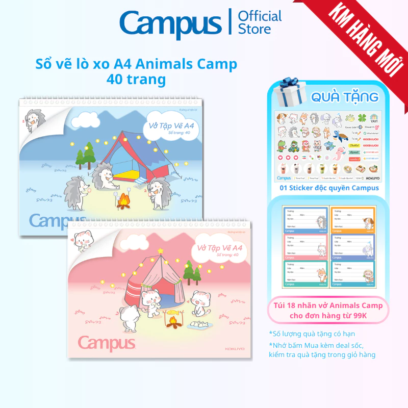 Vở Tập Vẽ Animals Camp 40 Trang Cỡ A4 Giấy Trắng Ngà Chống Lóa Mắt Có Đường Xé Sẵn Chính Hãng Campus
