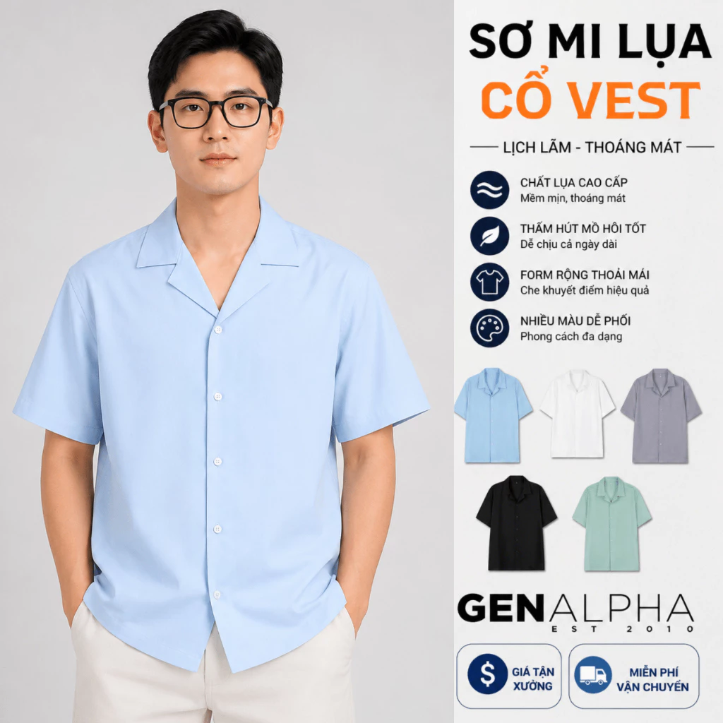 Áo Sơ Mi Nam Nữ Unisex Cổ Vest Cộc Tay - Áo Sơ Mi Ngắn Tay Form Rộng Lụa Cao Cấp Trơn GEN ALPHA