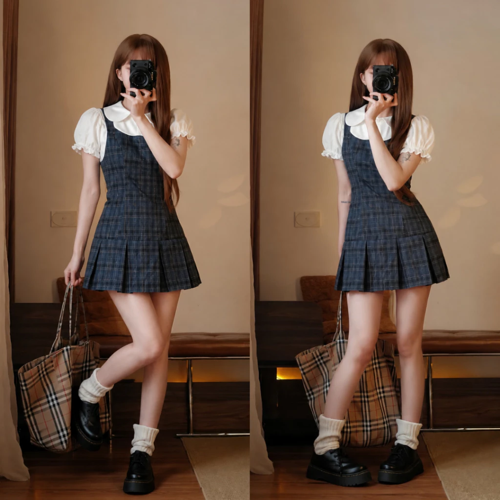 Set Váy Yếm Kẻ Caro Xếp Ly Mix Áo Thun Cổ Sen Nữ Dáng Ngắn Tiểu Thư Dễ Thương Style Hàn Quốc Đi Chơi Xinh Xắn