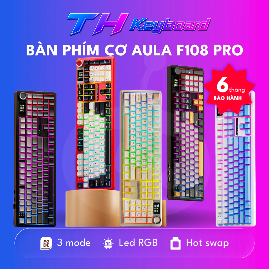 AULA  F108/F108PRO -Bàn phím cơ không dây FULLSIZE - Hotswap - LED RGB - Có app chỉnh THkeyboard