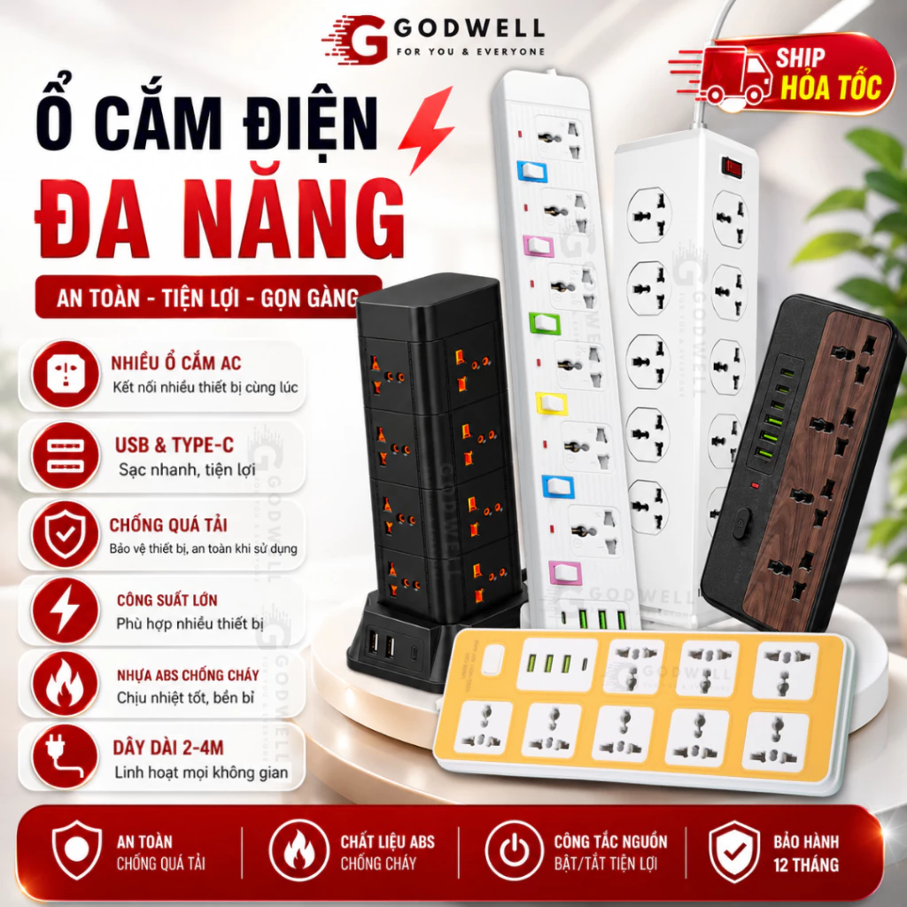 Ổ Cắm Điện Đa Năng Cao Cấp, Chịu Tải 2500W Dây Dài 1.8-4m, Có Cổng USB, Chốt Bấm Chống Giật An Toàn