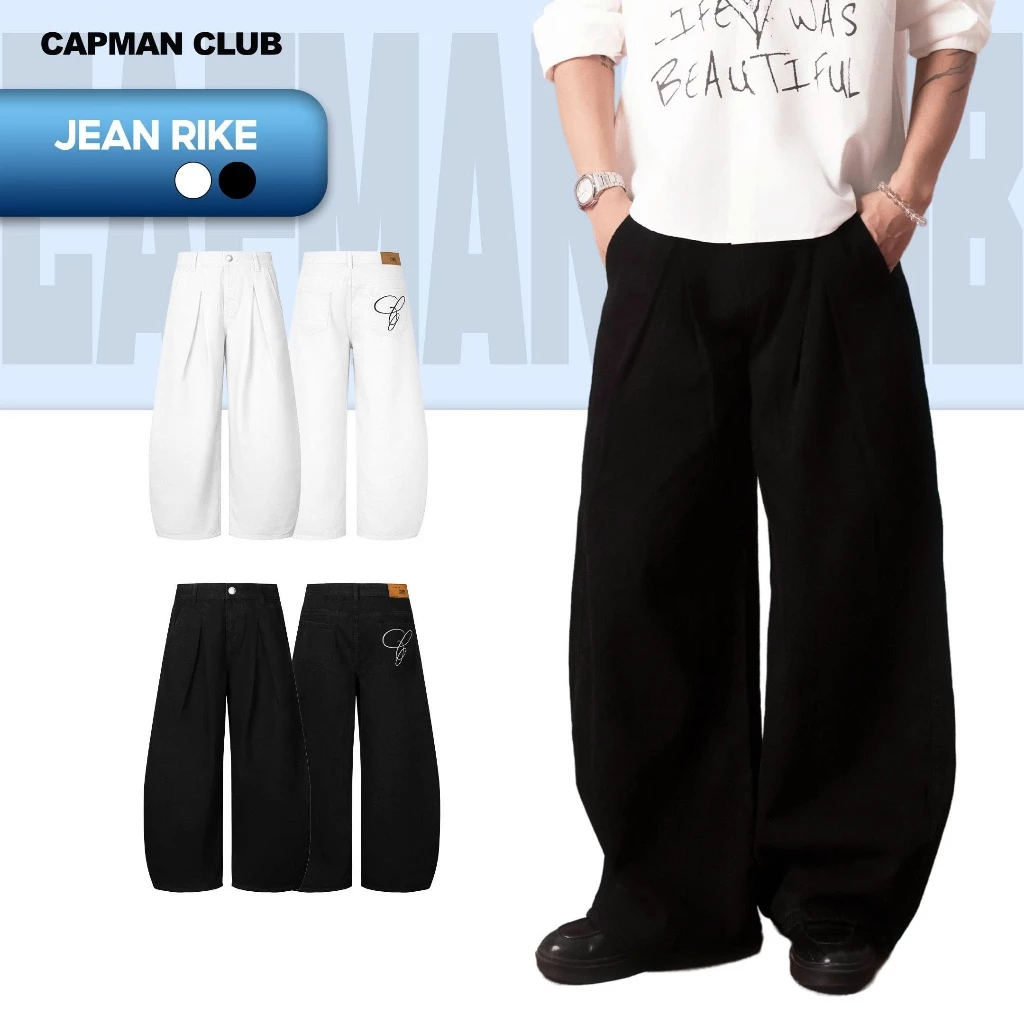 [BEST SELLER] Quần dài nam denim RIKE ống rộng CAPMAN CLUB, quần jean tôn dáng thêu chữ phong cách trẻ trung