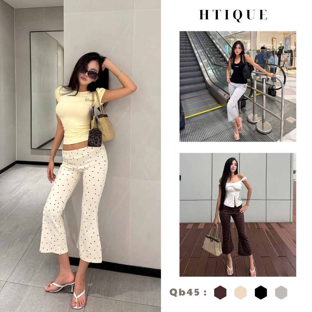 HTIQUE - DEAL mở bán Quần Chấm Bi Nữ Ống Loe nhẹ, Quần nỉ Lửng Co Giãn Tôn Dáng Cá Tính Dễ Phối Đồ QB45