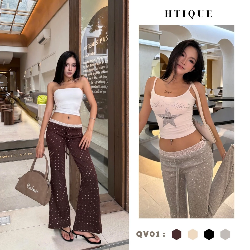HTIQUE - DEAL mở bán Quần Ống Loe Nữ Chấm Bi Phối Cạp Ren Tôn Dáng Co Giãn, Quần Chấm Bi Phong Cách QV01