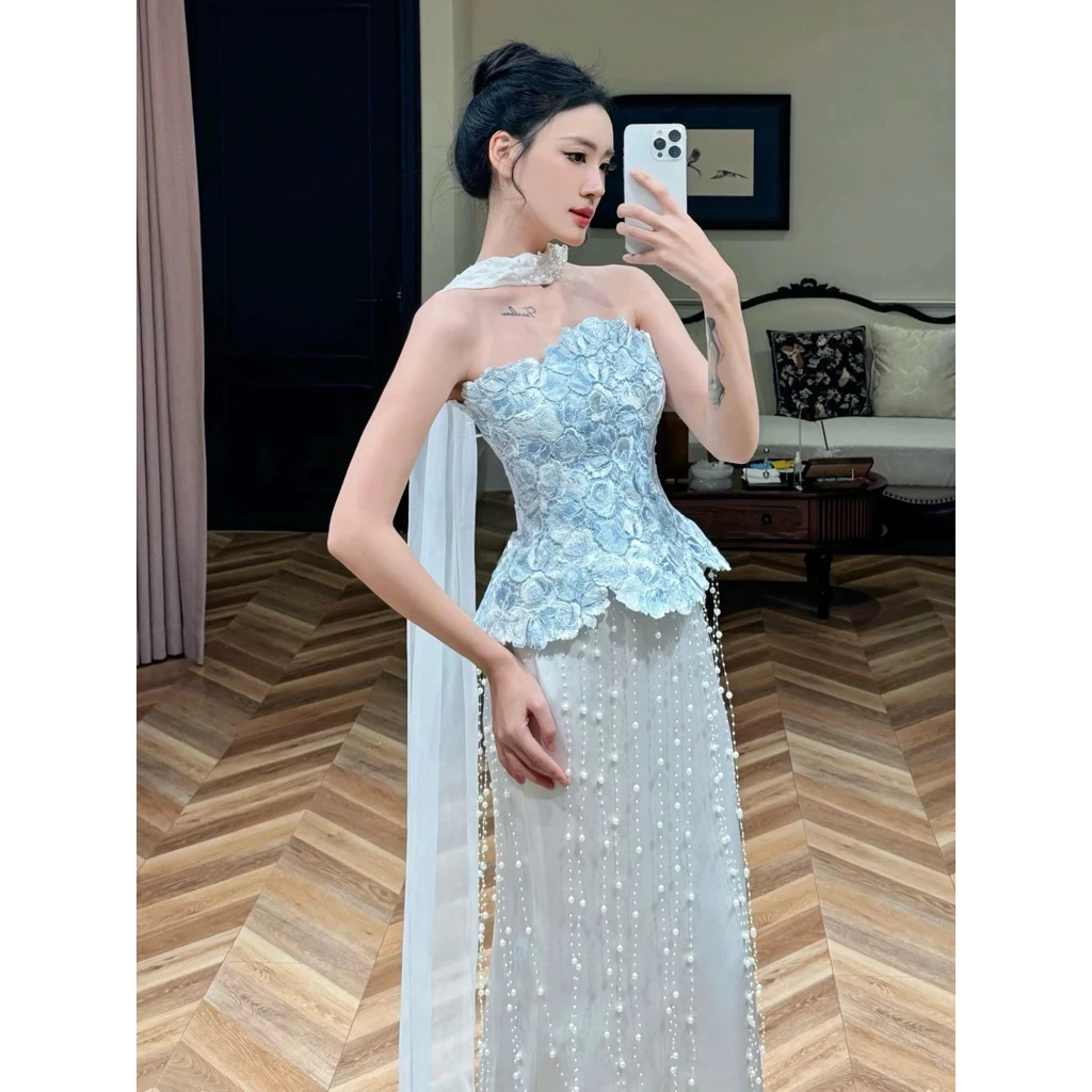 Đầm Dạ Hội Cúp Ngực Phối Ren Đính Hạt Ngọc Dáng Dài Kèm Khăn Choàng Dự Tiệc MC Biểu Diễn
