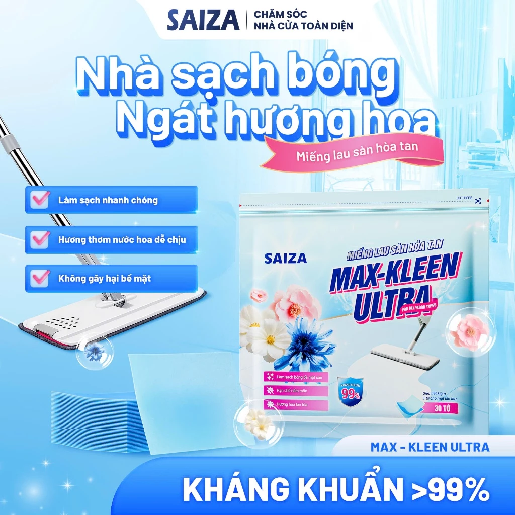 Miếng lau sàn nhà SAIZA MAX-KLEEN ULTRA Đa Năng, Kháng Khuẩn Toàn Diện, Khử Mùi, Lưu Hương