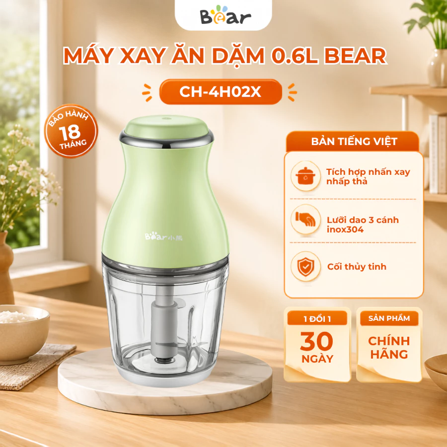 Máy xay ăn dặm đa năng Bear CH-4H02X, 3 lưỡi dao, cs 200W, xay thịt cá rau củ quả, Bảo hành 18 tháng