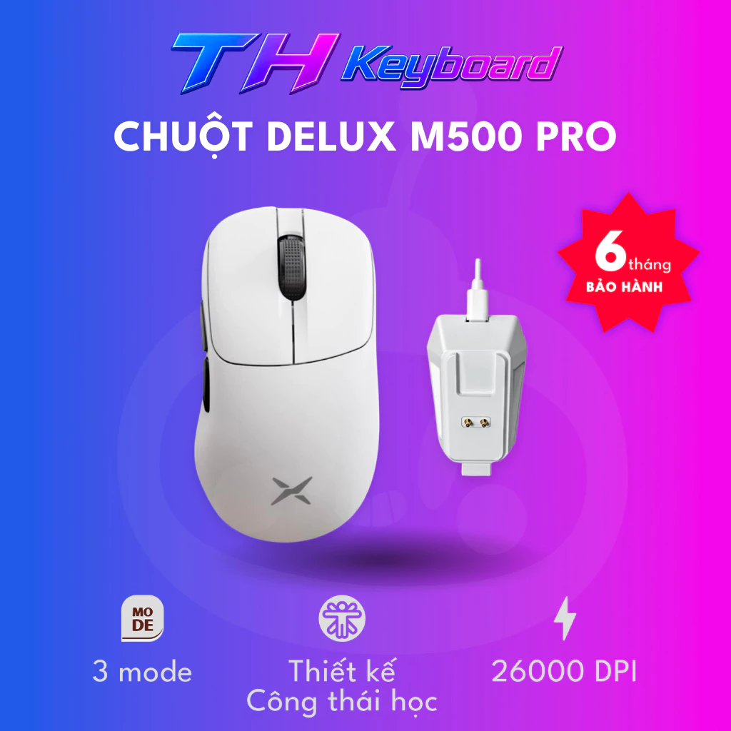 Chuột chơi game Cao Cấp Delux M500 PRO PAW3395 MAX 26000 DPI Đế sạc RGB  Bluetooth THKeyboard
