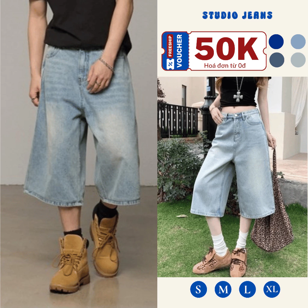 [VOUCHER 100K 15/8]Quần Short Jean Lửng Nam Nữ Ống Rộng Chất Liệu Cao Cấp Phong Cách Retro Mềm Mại Đi Chơi,Cá Tính