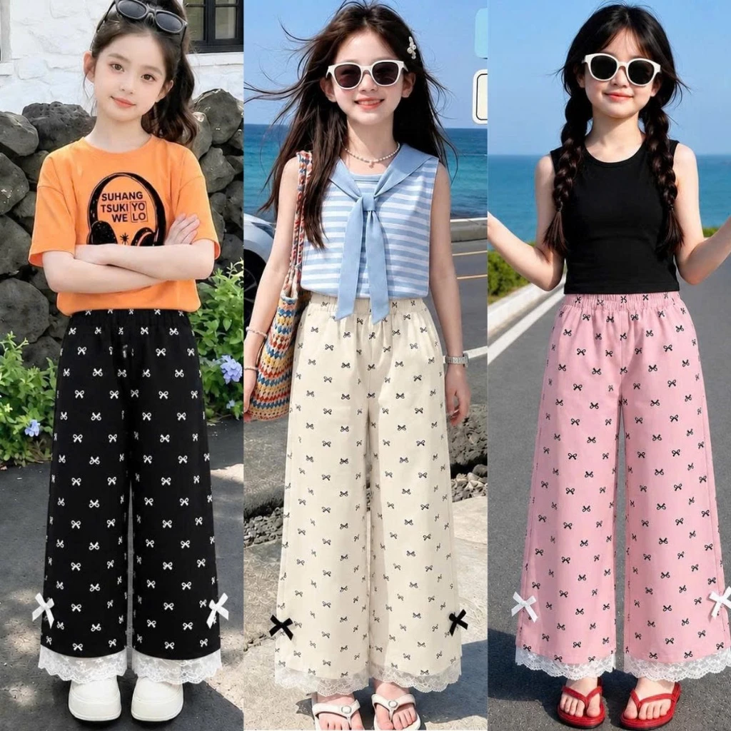 [14-44kg] QUẦN GIÓ LỤA  dáng xuông phối ren cho bé gái ( hoạ tiết nơ có gắn nơ thật ) chất liệu gió, mềm QUẦN GIÓ NƠ.