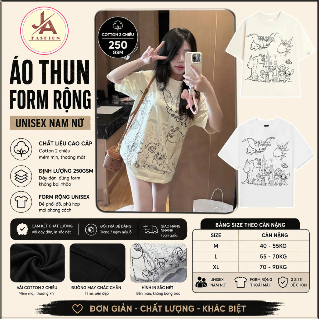 Áo thun form rộng  nữ Disney hoạt hình  Chất Cotton 2 Chiều cao cấp