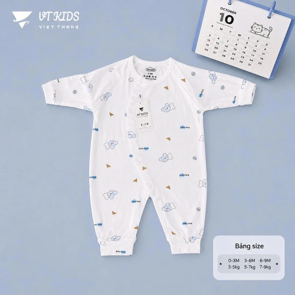 BDY5. Bodysuit Sơ Sinh Dài Tay VTKids Nền Trắng Họa Tiết  Vải Thun Lạnh Mềm Mát Cho Bé Từ 3-9kg