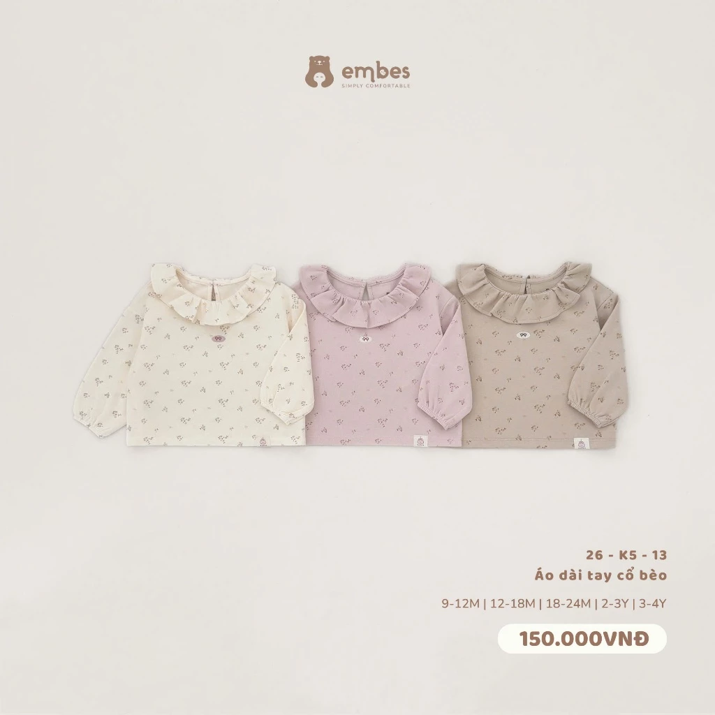Áo Dài Tay Bé Gái Embes, Áo Thun Dài Tay Hoa Nhí Cổ Viền Bèo Chất Cotton Cho Bé Gái Size Từ 8-18kg