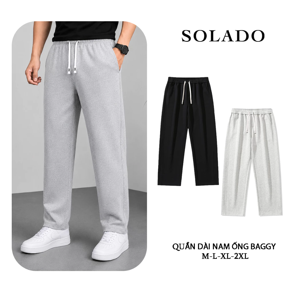 Quẩn dài nỉ 2 da SOLADO nam nữ cạp chun form suông ống baggy kiểu dáng basic đen be ghi BAGGY2DA