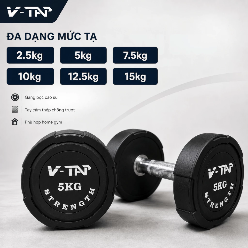 Tạ tay đơn Gang bọc cao su V-TAP loại 2.5kg, 5kg, 7.5kg, 10kg, 12.5kg - 1 Tay
